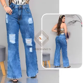 Pantalona Jeans Feminina Wide Leg Rasgada - Calça - WD-FAMOSINHA