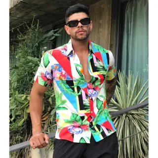 Manga Curta Masculina Estampada Social Camisa - Preto Flowers 4