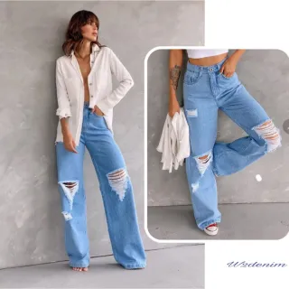 Wide Leg Jeans Feminino, Calça Pantalona Cintura Alta em Tecido - WD-LUXUOSA