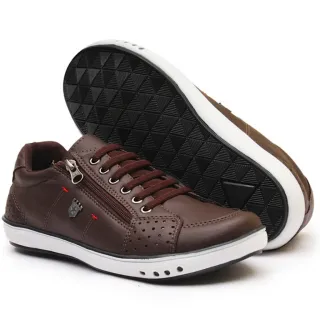 Promoção Sapatênis Masculino Couro Confortável Calce Fácil Ortopédico Zíper - CAFE