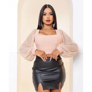 Blusa Feminina de Inverno Elegante Casual em Tule Manga Grosso Ana Ruga - Nude