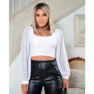 Blusa Feminina de Inverno Elegante Casual em Tule Manga Grosso Ana Ruga - Nude