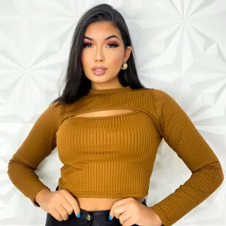 Canelado Cropped Gola Alta Manga Longa Vazado - Busto Sexy - CARAMELO (36/42)