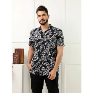 Camisa Manga Curta Masculino Social Floral Preto Branco - G