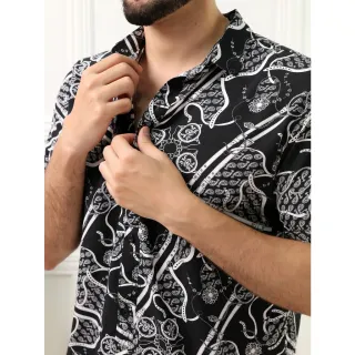 Camisa Manga Curta Masculino Social Floral Preto Branco - G