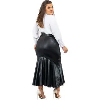 Saia Midi Feminina Plus Size em Cirrê - Social Cinto Courino - Preto