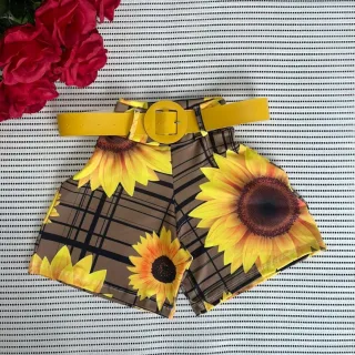 Short Feminino Malha Cintura Alta + Cinto. Moda Praia Verão - MODELO 2 ESTAMPA SORTIDA