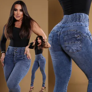 Modeladora Cós Alto Calça Jeans Empina Bumbum Strech Chapa Barriga - Jeans Lipo Cintura Alta Ziper