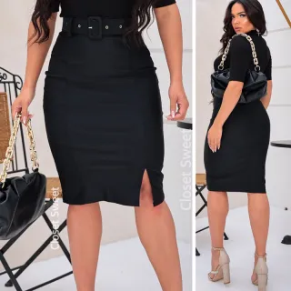 Moda evangélica: Saia Midi elegante cintura alta com cinto 003