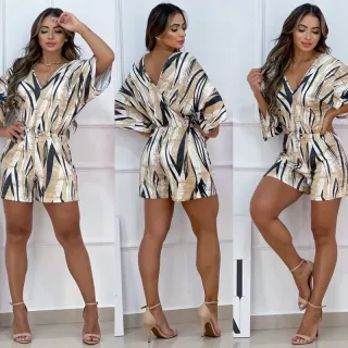 Lançamento Macaquinho Flare Listrado Manga Malha Fria - Moda Feminina - Duas Listras Tiffany