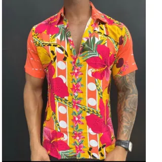 Estampada Verão Masculina Manga Curta Floral Camisa - Laranja florida 1