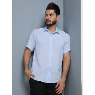 Camisa Social Masculina Manga Curto Slim Lisa Fácil C002 - Azul Marinho