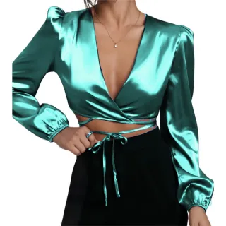 Tendência Top Cropped Manga Longa Cetim Trançado - Amarração Frontal Laço - Rosa Pink