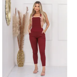 Moda Macacao Jardineira Feminino Suspensorio Botao Calca Bengaline Com Bolsos - Preto