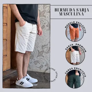 Bermuda Colorida Lisa Social Masculina em Sarja Jeans Brim - Bege Sarja