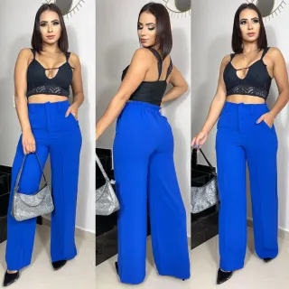 Moda Pantalona Feminina, Calça Alfaiataria Duna Cós Alto Botão Encapado - Verde Oliva