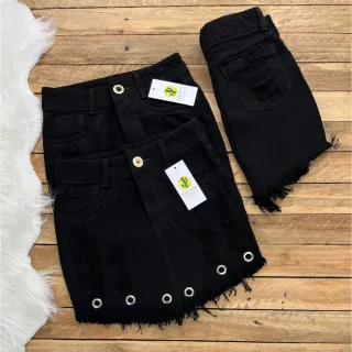 Saia Jeans Cintura Alta Hotpant Feminino - Forma Pequena, Sem Lycra - Saia com ilhós