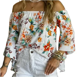 Manga Flare Blusa Ciganinha Feminina - Preto flor amarela