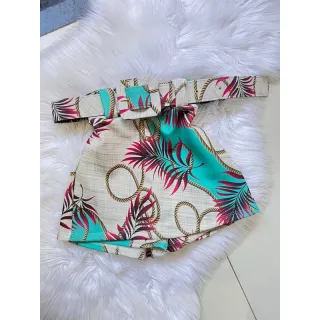 Saia estampada curta em malha suplex com cinto removível - Amarelo