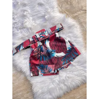 Saia estampada curta em malha suplex com cinto removível - Amarelo