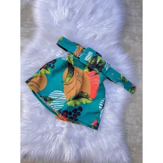 Saia estampada curta em malha suplex com cinto removível - Amarelo