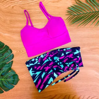 Conjunto Fitness Feminino Estampado - Cropped Top com Bojo e Short de Cordinha Regulagem - Estampa 2