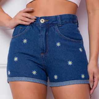Estampas femininas em short jeans - jeans escuro florzinha