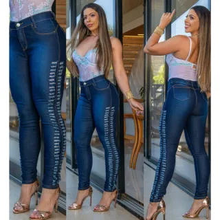 Calça Jeans Feminina Cintura Alta Levanta Bumbum Skinny Com Lycra - PRETO NAVALHADA JOELHO