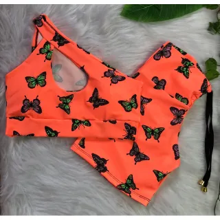 Conjunto short com cordinha e top com bojo para academia - Oncinha neon lateral