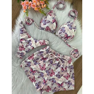 Shorts biquíni 3 em 1 cortininha com kit - Onça