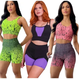 Conjunto Fitness Suplex Feminino - Top e Short 3D - SHORT rosa estampado
