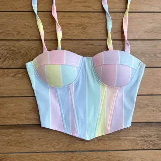 Corset com bojo floral onça amarrar no ombro, colorido e candy colors - 5-bolinha candy