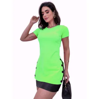 Blusa Manga Curta Feminina Veste Legging Canelada Botões - Verde Claro