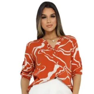 Camisa Social Feminina Estampada Plus Size Manga 3/4 - PRETO  COM BRANCO