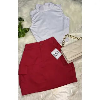 Saia curta de alfaiataria com bolsos laterais - Zillistyle - BEGE com cinto