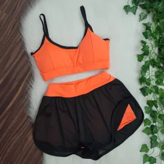 Conjunto Fitness Shorts Duplo e Top com Bojo para Academia - Laranja