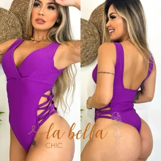 Hot Pants Biquíni Maiô Cavado Decotado Lateral Trançado Costa Nua - Carol Roxo Texturizado