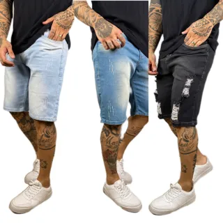 Bermuda Jeans Masculina Slim Premium Rasgada - Kit 3 Peças - kit 2，preto ，escuro