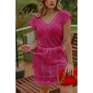 Moda Tricot Verao Fenda Acinturada Praia Curta - Pink
