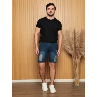 Bermuda Jeans Masculina Rasgada Slim Fit - Shorts Curto - rasgar-meido