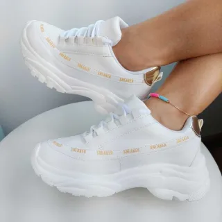 Confortável Tênis Feminino Plataforma Chunky Sneaker Blogueira (FORMA PEQUENA) - BRANCO OURO