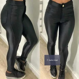 Moda Feminina Calça Legging Disco Cintura Alta Skinny Couro Fake Bolsos - GG
