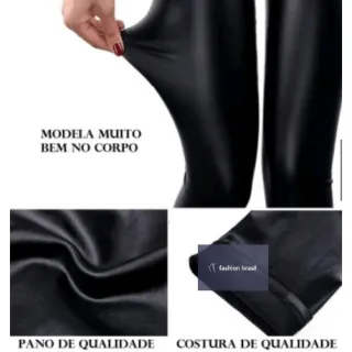 Moda Feminina Calça Legging Disco Cintura Alta Skinny Couro Fake Bolsos - GG