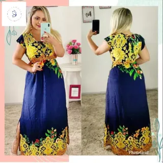 Moda Evangélica Vestido Estampado Manga Curta Viscose Fenda Lateral - estampa 15