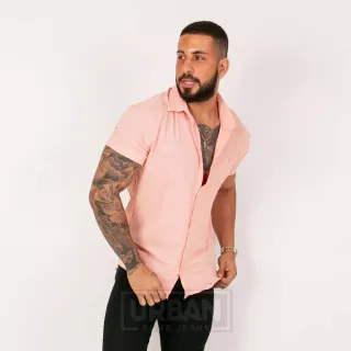 Camisa Slim Fit Manga Curta em Linho Premium Masculina - AMARELA