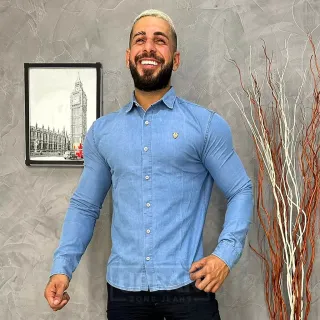 Social Slim Fit Manga Longa Camisa Jeans Masculina