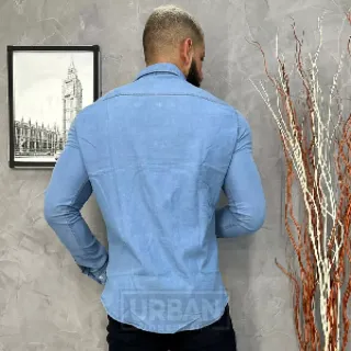 Social Slim Fit Manga Longa Camisa Jeans Masculina - Jeans escura