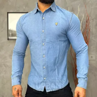 Social Slim Fit Manga Longa Camisa Jeans Masculina - Jeans escura