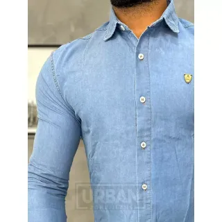 Social Slim Fit Manga Longa Camisa Jeans Masculina - Jeans escura