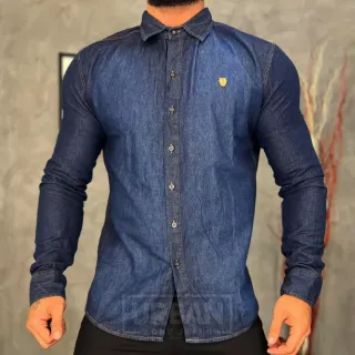 Social Slim Fit Manga Longa Camisa Jeans Masculina - Jeans escura